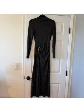 Mango MNG High Neck Long Sleeve Charcoal Black Silver Accent Buckle Maxi Dress S